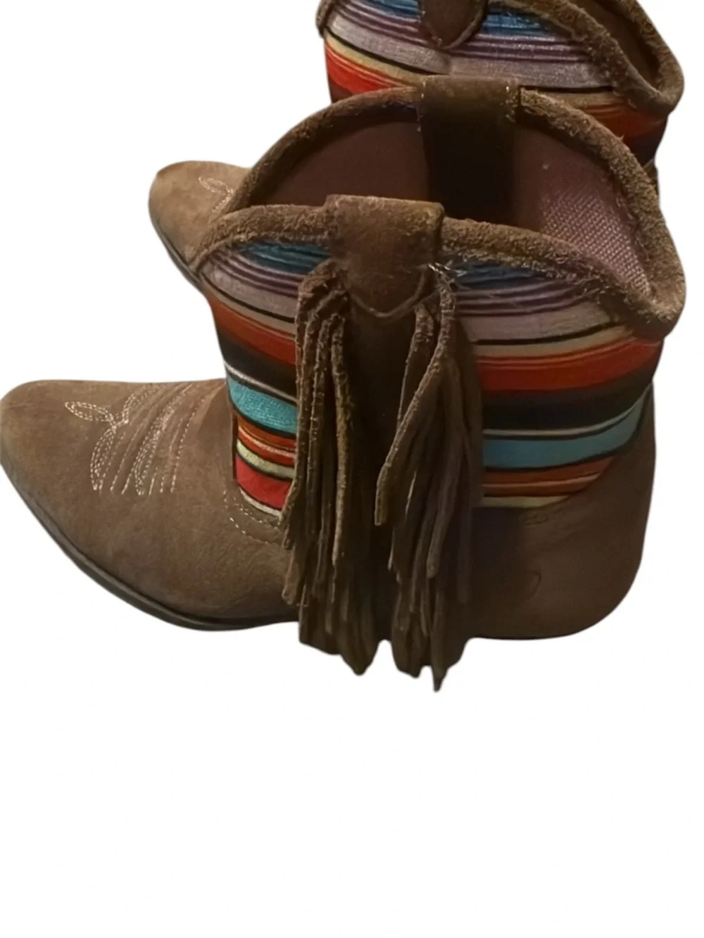 Ariat Brown Suede Fringe Ankle Boots with Multicolor Stripe Detail size 2